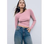 Stradivarius - T-shirt a maniche lunghe basic rosa in cotone XL