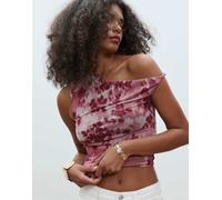 Stradivarius - T-shirt asimmetrica in tulle rosa con stampa L