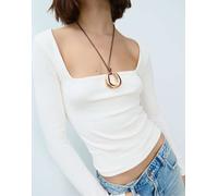 Stradivarius - T-shirt basic écru con scollo squadrato-Bianco S