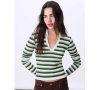 Stradivarius - T-Shirt verde a righe senza cuciture con colletto stile polo M