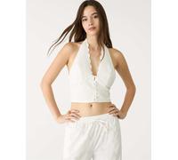 Stradivarius - Top allacciato al collo bianco ricamato M