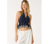 Stradivarius - Top allacciato al collo blu navy con ricami a contrasto S