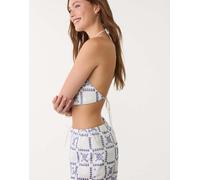 Stradivarius - Top allacciato al collo blu ricamato L