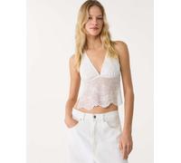 Stradivarius - Top allacciato al collo color écru con paillettes ricamate-Bianco S