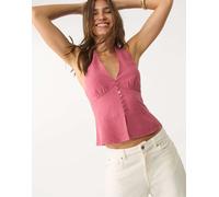 Stradivarius - Top allacciato al collo con bottoni in misto lino rosa chiaro M