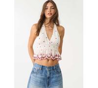 Stradivarius - Top allacciato al collo écru con ricami a contrasto-Bianco M
