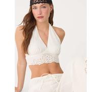 Stradivarius - Top allacciato al collo in misto lino color écru con ricamo-Bianco S