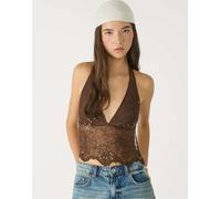 Stradivarius - Top allacciato al collo marrone con ricamo di paillettes L