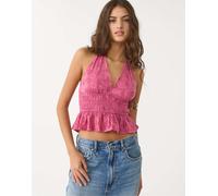 Stradivarius - Top allacciato al collo rosa chiaro ricamato M