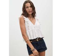 Stradivarius - Top ampio bianco ricamato con volant M
