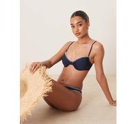 Stradivarius - Top bikini a balconcino blu navy e bianco con cuciture a vista-Multicolore XL
