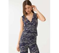 Stradivarius - Top blu navy ricamato in misto lino S