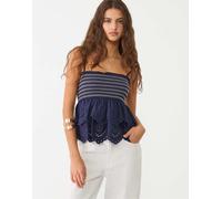 Stradivarius - Top color blu scuro ricamato con volant-Blu navy L