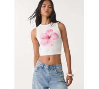 Stradivarius - Top écru con ibisco e scollo a vogatore-Bianco XS