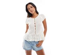 Stradivarius - Top in maglia écru ricamato con orlo a volant-Neutro XS