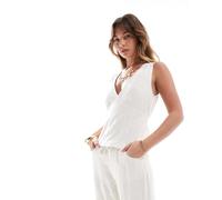 Stradivarius - Top in misto lino color pietra ricamato-Bianco S