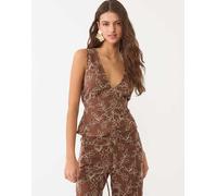 Stradivarius - Top in misto lino marrone ricamato L
