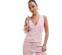 Stradivarius - Top in misto lino rosa pastello ricamato L