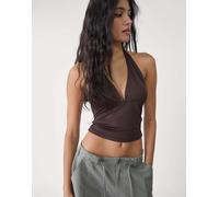 Stradivarius - Top marrone raccolto allacciato al collo S