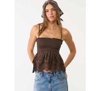 Stradivarius - Top marrone ricamato con volant XS