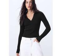 Stradivarius - Top nero senza cuciture con colletto stile polo XS