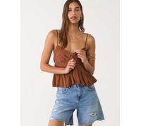Stradivarius - Top oversize marrone con volant e ricamo M