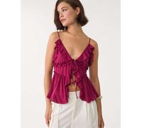 Stradivarius - Top viola con spalline sottili e volant XS