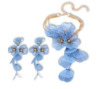 Strand Statement Flower Pendant Necklace Earrings Jewelry for Women, Shiny Flower Metal Tassel Necklaces Pendant Earrings for summer beach Boho Hawaiian Vacation Fashion Jewelry (Blue)