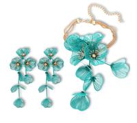 Strand Statement Flower Pendant Necklace Earrings Jewelry for Women, Shiny Flower Metal Tassel Necklaces Pendant Earrings for summer beach Boho Hawaiian Vacation Fashion Jewelry (Green)