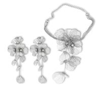 Strand Statement Flower Pendant Necklace Earrings Jewelry for Women, Shiny Flower Metal Tassel Necklaces Pendant Earrings for summer beach Boho Hawaiian Vacation Fashion Jewelry (Silver)