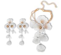 Strand Statement Flower Pendant Necklace Earrings Jewelry for Women, Shiny Flower Metal Tassel Necklaces Pendant Earrings for summer beach Boho Hawaiian Vacation Fashion Jewelry (White)