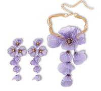 Strand Statement Flower Pendant Necklace Earrings Jewelry for Women, Shiny Flower Metal Tassel Necklaces Pendant Earrings for summer beach Boho Hawaiian Vacation Fashion Jewelry (Purple)