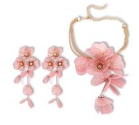 Strand Statement Flower Pendant Necklace Earrings Jewelry for Women, Shiny Flower Metal Tassel Necklaces Pendant Earrings for summer beach Boho Hawaiian Vacation Fashion Jewelry (Pink)