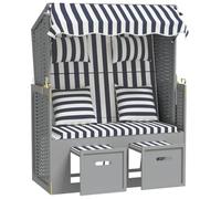 Strandkorb con Cuscini Polyrattan e Legno Massello Blu e Bianco Sedia a SDraio da Spiaggia Pieghevole con Tettuccio Regolabile Poggiapiedi Estraibile per Giardino Terrazza 3 Posizioni Schienale