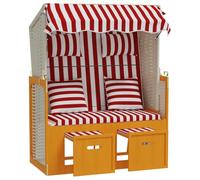 Strandkorb con Cuscini Polyrattan e Legno Massello Rosso Bianco Letto da Spiaggia Reclinabile con Tettuccio Poggiapiedi Estraibile per Giardino Terrazza Spiaggia Divano da Impermeabile 3 Posizioni