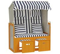 Strandkorb Polyratan Legno Massiccio Bianco Blu con Cuscini | Tendalino protettivo, poggiapiedi estensibile, schienale a 3 posizioni, cuscini imbottiti, tessitura in resina durevole