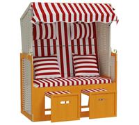 Strandkorb Polyratan Legno Massiccio Rosso e Bianco con Cuscini | Schienale regolabile in 3 posizioni, tenda parasole per sole, pannelli laterali, tessitura in resina facile da pulire