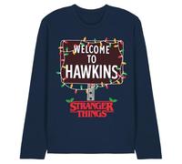 Stranger Things Christmas Welcome to Hawkins - Maglietta Unisex a Maniche Lunghe, Blu Navy, L