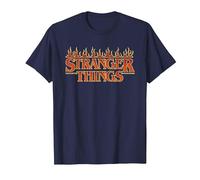 Stranger Things Vintage Flaming Logo Maglietta, Uomo, Navy, L