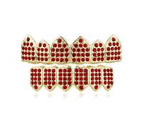 Strass Denti Grillz Pave CZ 6 Denti Top Buttom per Donne Uomini Unisex Cristallo Rosso Verde Nero Cubic Zirconia Statement Denti Fangs Cap Divertente Grill Cosplay Party Prom Bocca Gioielli Regali