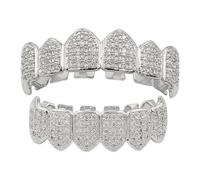 Strass Denti Grillz Pave CZ 6 Denti Top Buttom per Donne Uomini Unisex Zirconia Statement Denti Fangs Cap Divertente Grill Cosplay Party Prom Bocca Gioielli Regali, One Size, Ottone, Non pietra