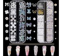 Strass e perle per nail art, 2 scatole di ciondoli per unghie a forma di farfalla e fiocco, fiore e aurora, decorazioni 3D per nail art per manicure, fai da te, artigianato, feste, uso quotidiano e
