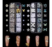 Strass e perle per nail art, 2 scatole di ciondoli per unghie a forma di farfalla, fiocco e fiore, Aurora Bear, decorazioni 3D per nail art, fai da te, artigianato, feste, uso quotidiano e matrimonio
