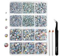 Strass Termoadesivi per Tessuti,Strass Hotfix Trasparenti AB per Artigianato e Abbigliamento,5 Misure Miste,Cristalli Termoadesivi con Kit Pinzetta e Matita di Cera,SS6-SS30,Chiaro AB