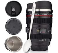 STRATA CUPS Tazza Teleobiettivo da Viaggio 400 ml + 2 COPERCHI + CUCCHIAIO - Mug Termica per Caffè in Acciaio Inossidabile a Forma di Obiettivo di Fotocamera Reflex, Regalo Originale per Fotografo