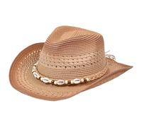 Straw Cowboy Hat, Sun Protection Wide Brim Straw Cowgirl Hat, Breathable Roll up Western cap with Beads String for Summer Beach Vacation, Khaki