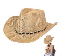 Straw Cowboy Hat, Sun Protection Wide Brim Straw Cowgirl Hat with Beads String, Breathable Roll up Western cap for Summer Beach Vacation, Khaki