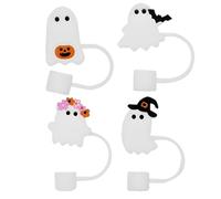 Straw Toppers, Ghost Straw Cover, 4 Pieces Flexible Silicone Reusable Lightweight Compact Easy Cleaning Protective, Spooky Cap Set for Kids Party Present Kitchen, 1.57x1.85Inches, White