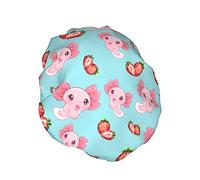 Strawberry Axolotl Gorro de ducha Pavo real Gorros de baño reutilizables para mujeres Cabello largo Doble capa Impermeable Baño Gorro de ducha Protector de cabello para niños Niñas Mujeres 1 paquete
