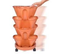 Strawberry Planter - Stackable Tower, Vertical Planter, 4 Tier Stackable Plant Container,Automatic Drainage Flower Pots With Wheels And Bottom Tray For Planting Strawberry Vegetable Fruit
